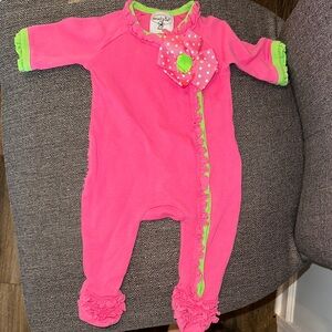 Mud Pie Hot Pink Footie with Lime Trim and Bow